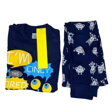 2 Pcs Boys Casual Cartoon Monster Pajama Sets With Long Sleeve Navy Blue