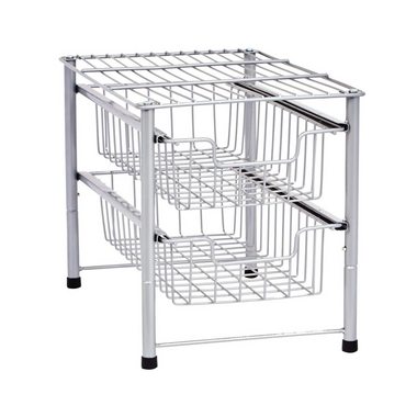 2 Tier Sliding Drawer Basket Organizer, Stainless Steel, Silver