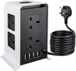 Vertical Multi Socket Station 4 USB Ports 8 Way Outlets Tower Socket Station